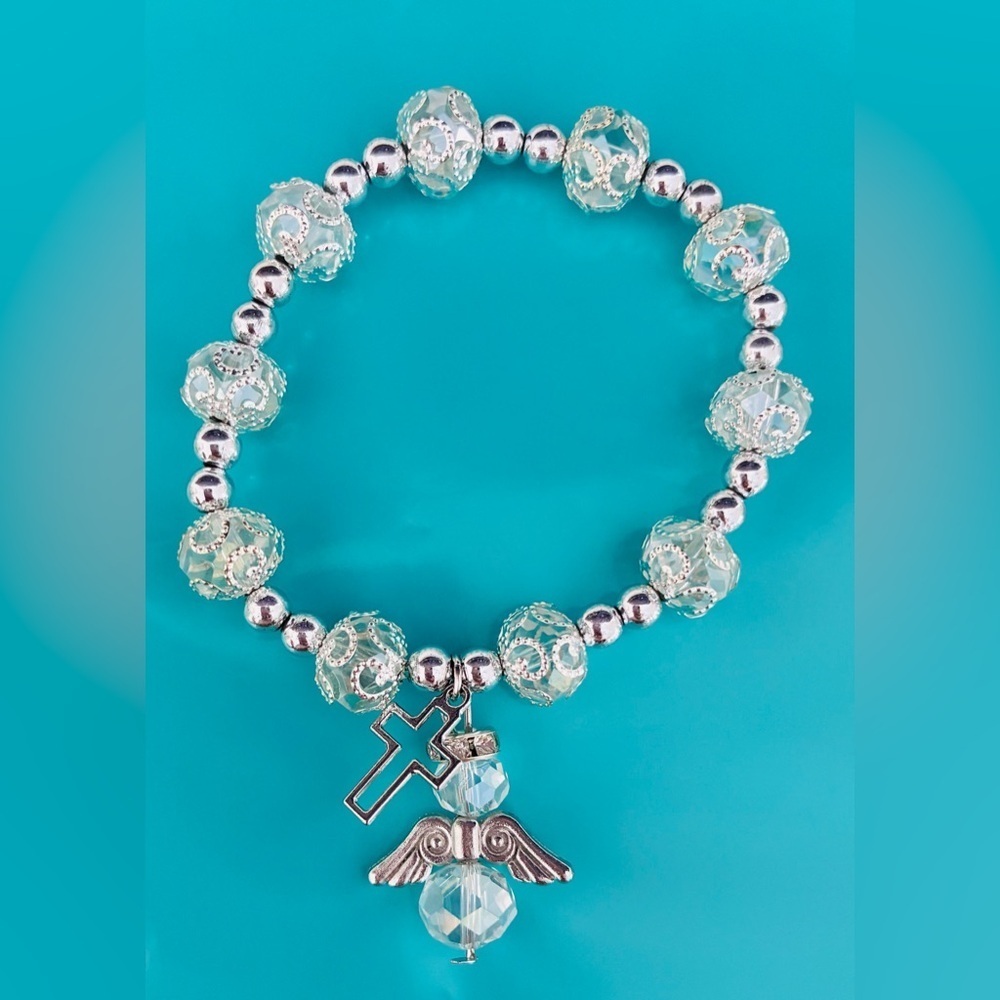 6 Silver and Clear glass Beaded Bracelet with Cross Charm